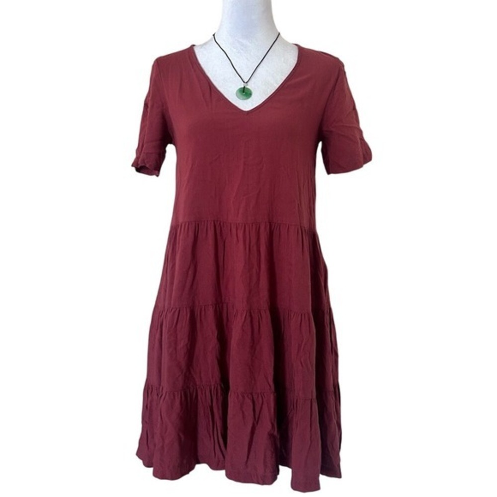 Roxy‎ Tiered Dress Womens XS Burgundy Boho Short Sleeve V-Neck Mini Dress Summer